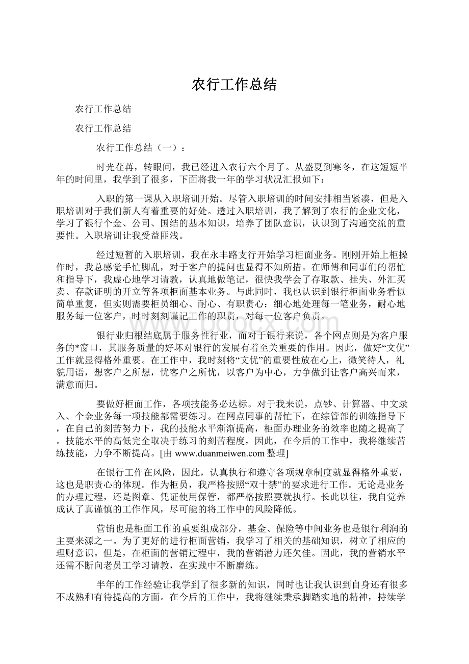 农行工作总结Word文档格式.docx