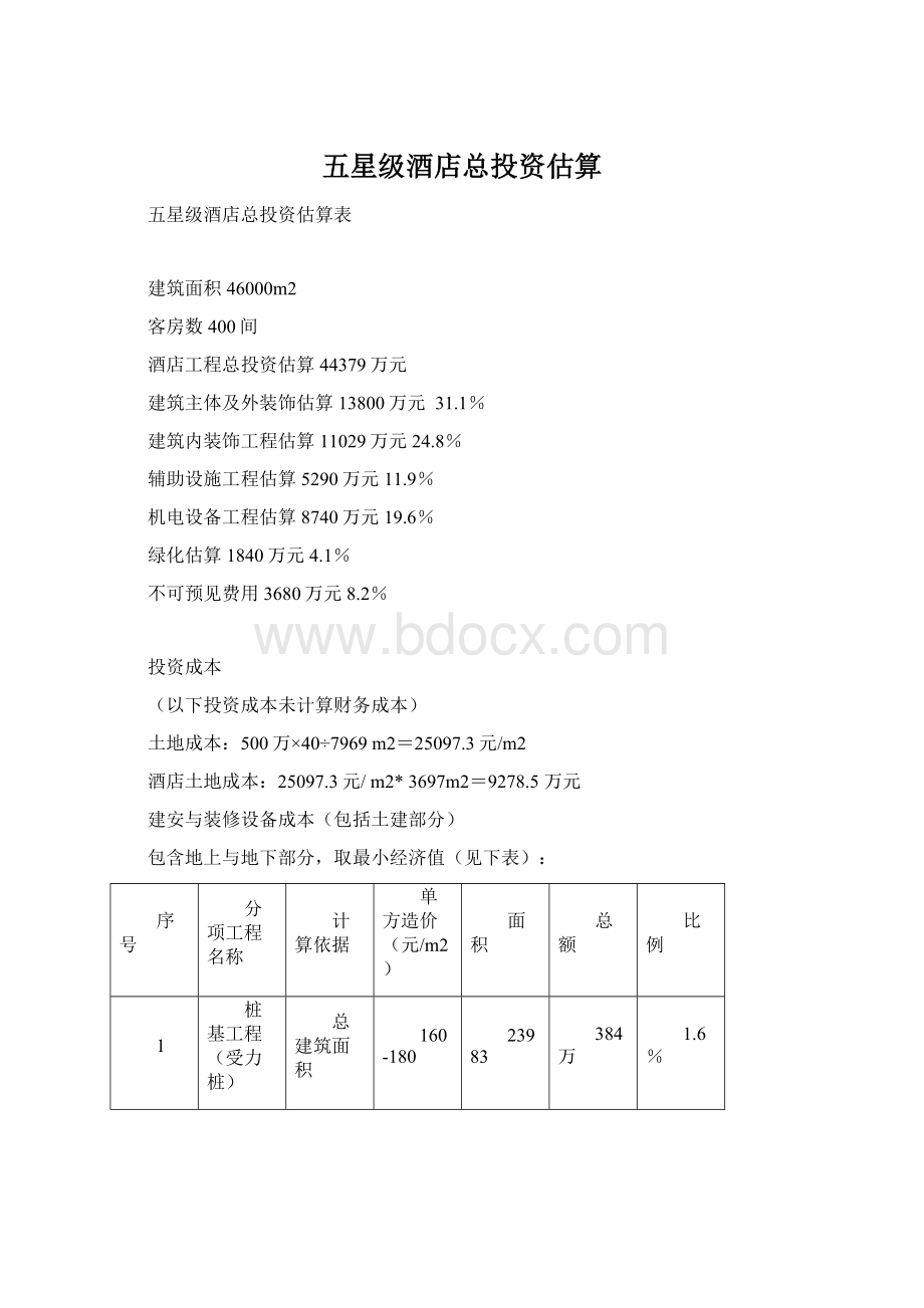 五星级酒店总投资估算Word文件下载.docx