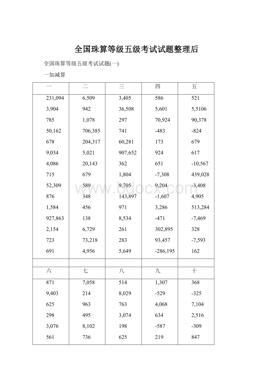 全国珠算等级五级考试试题整理后Word文档下载推荐.docx_第1页