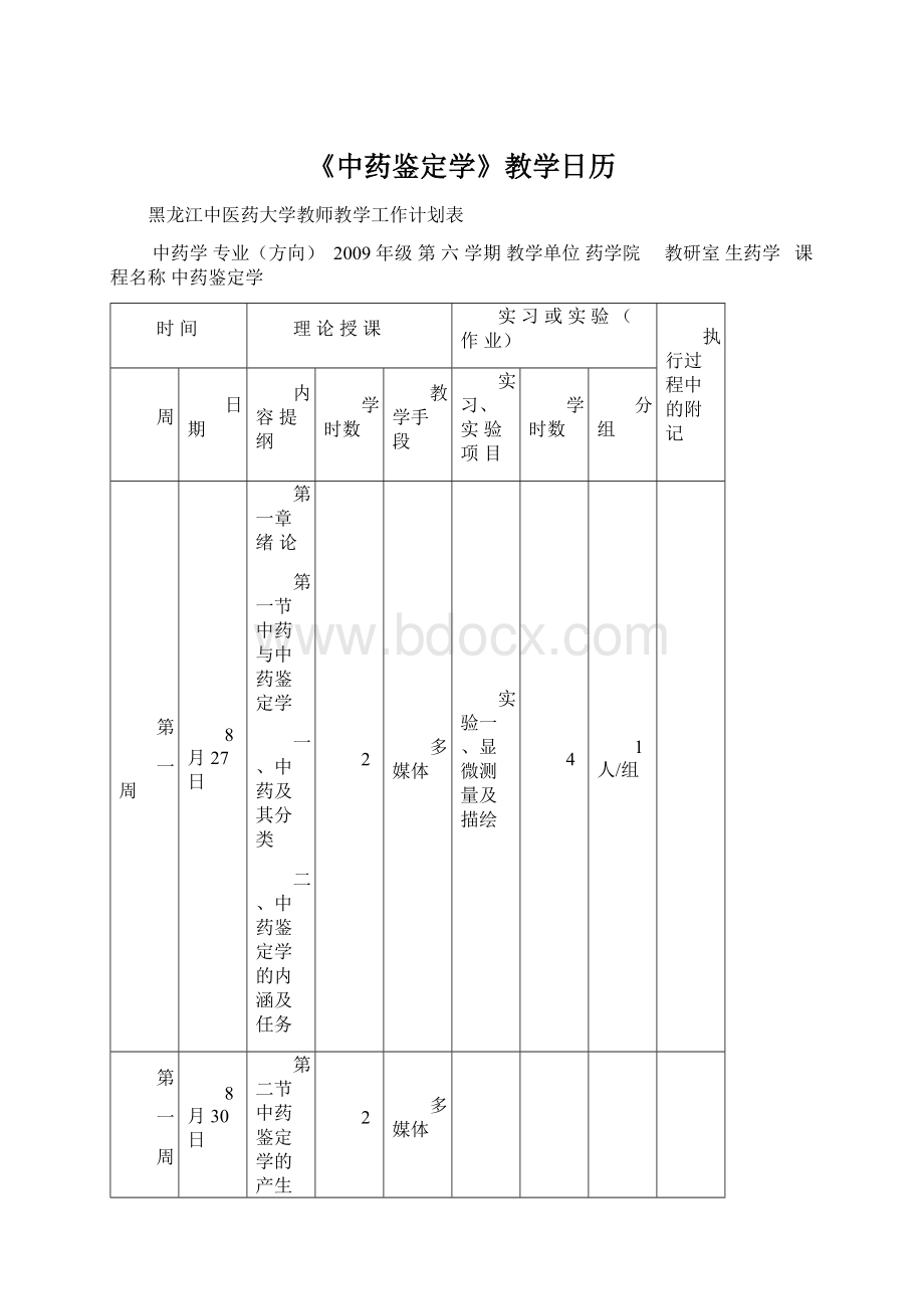 《中药鉴定学》教学日历Word下载.docx