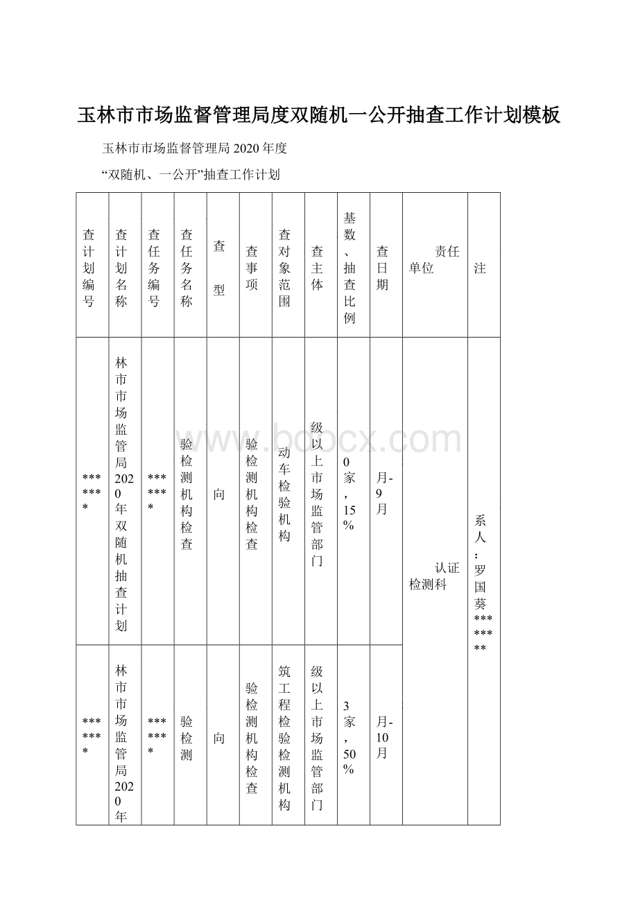 玉林市市场监督管理局度双随机一公开抽查工作计划模板文档格式.docx_第1页