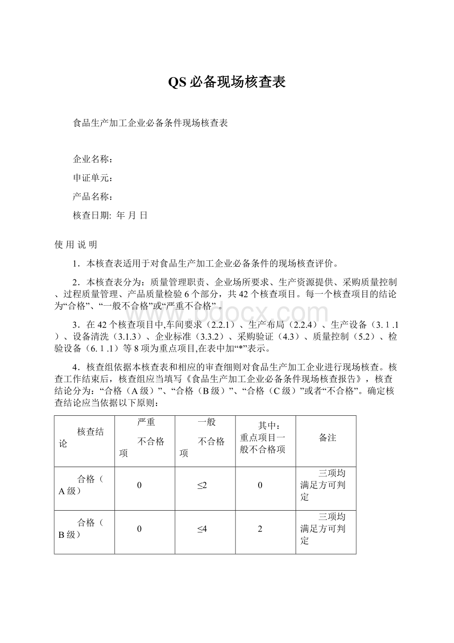 QS必备现场核查表Word文件下载.docx_第1页