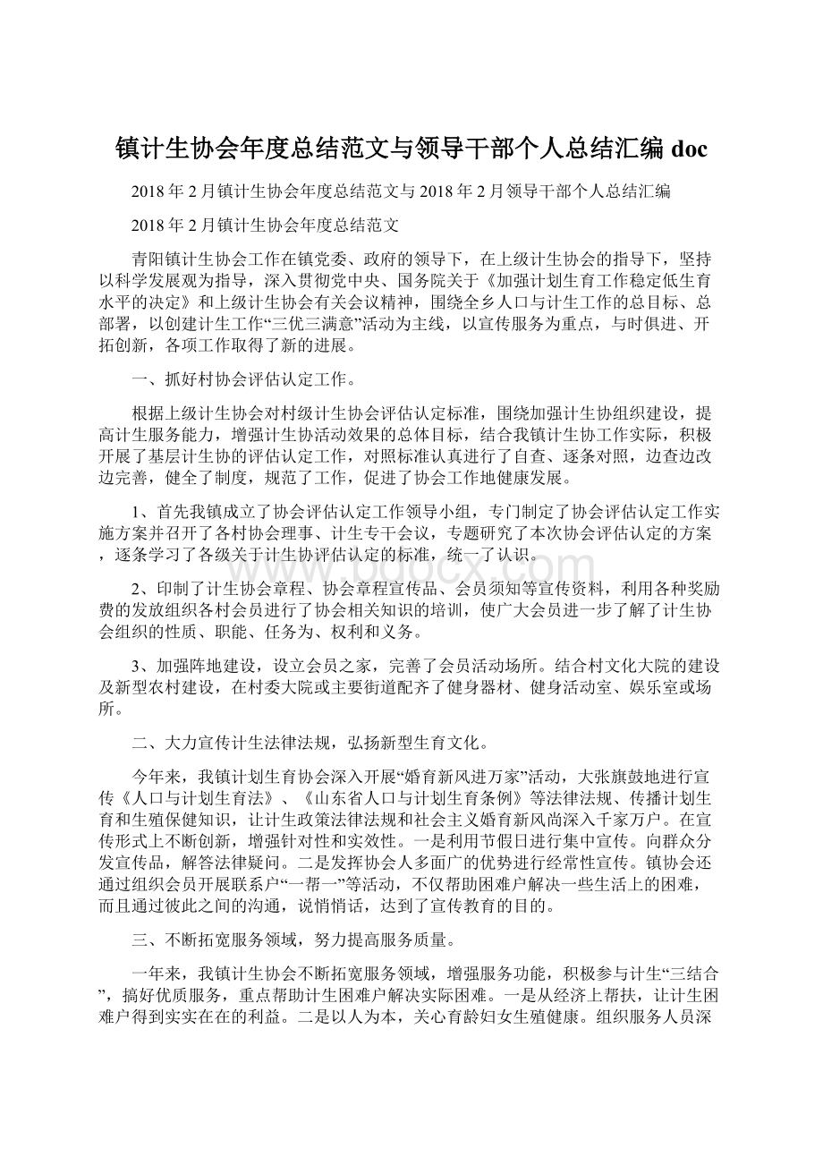 镇计生协会年度总结范文与领导干部个人总结汇编doc.docx_第1页