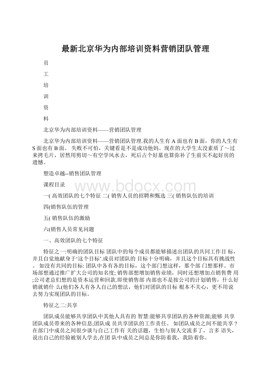 最新北京华为内部培训资料营销团队管理Word格式文档下载.docx