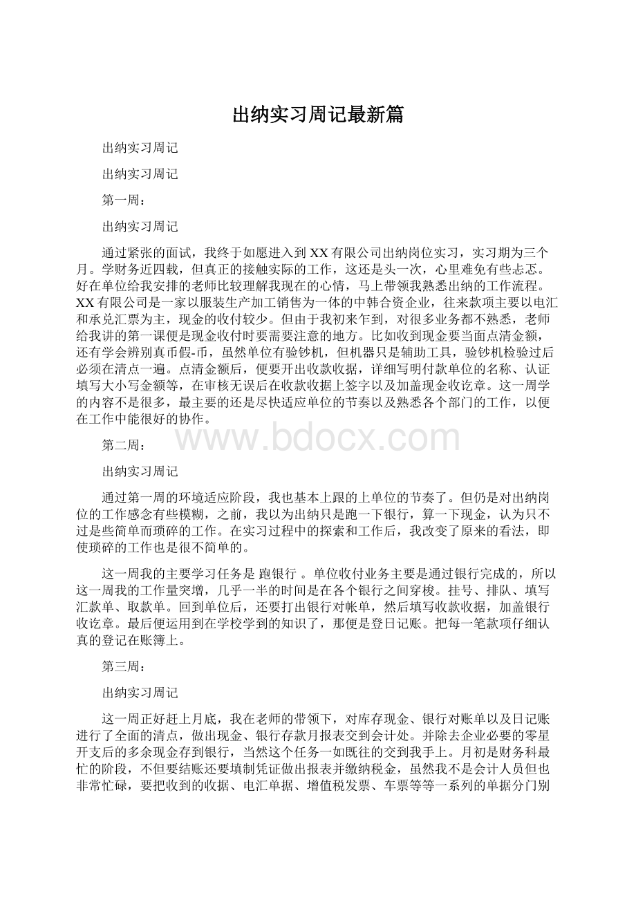 出纳实习周记最新篇文档格式.docx