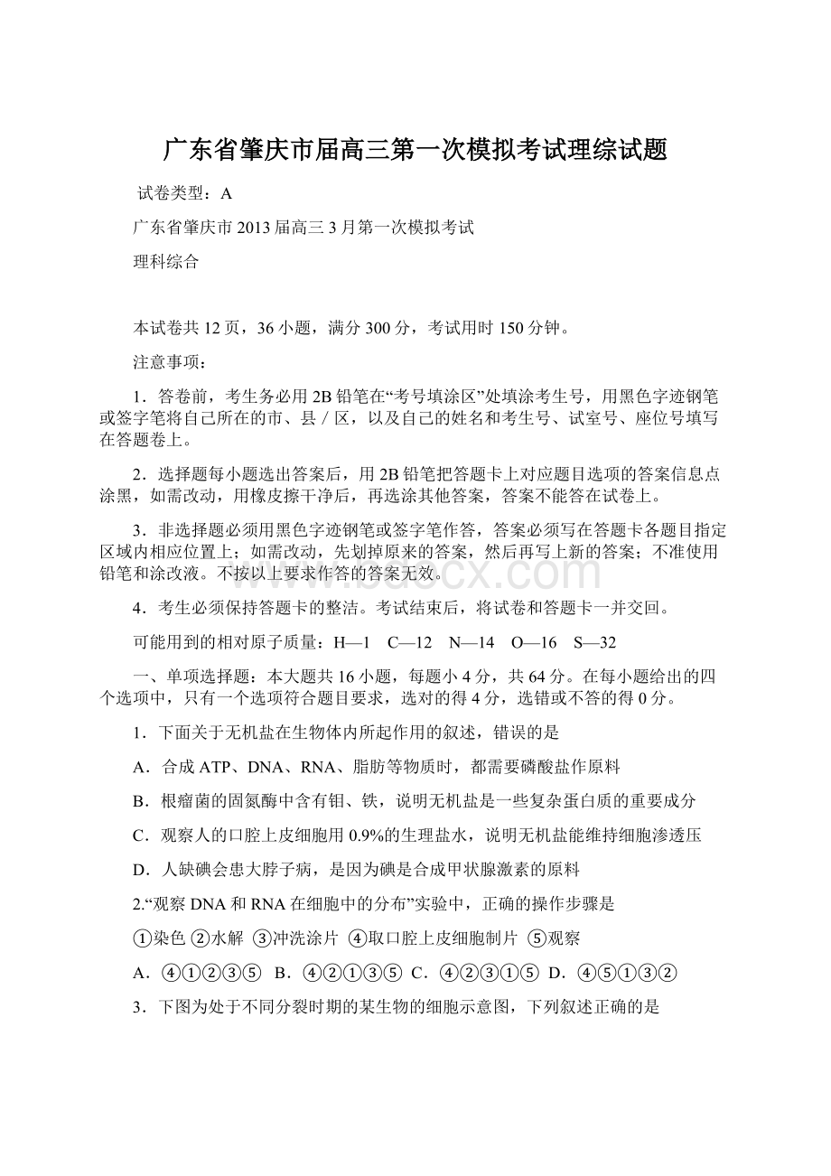 广东省肇庆市届高三第一次模拟考试理综试题.docx_第1页