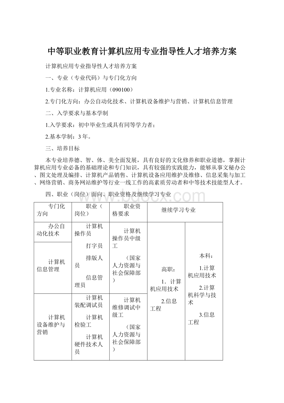 中等职业教育计算机应用专业指导性人才培养方案文档格式.docx