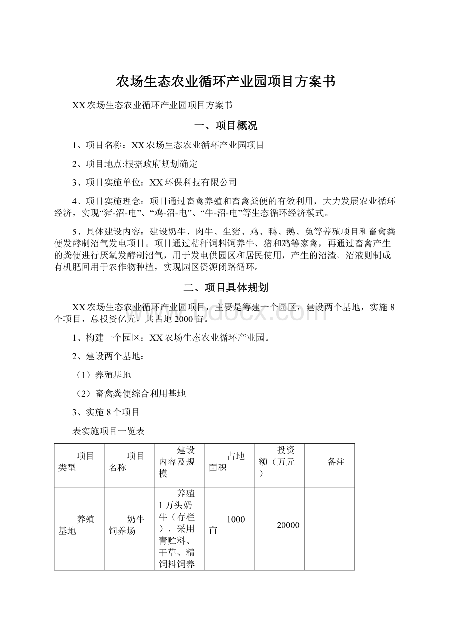 农场生态农业循环产业园项目方案书文档格式.docx