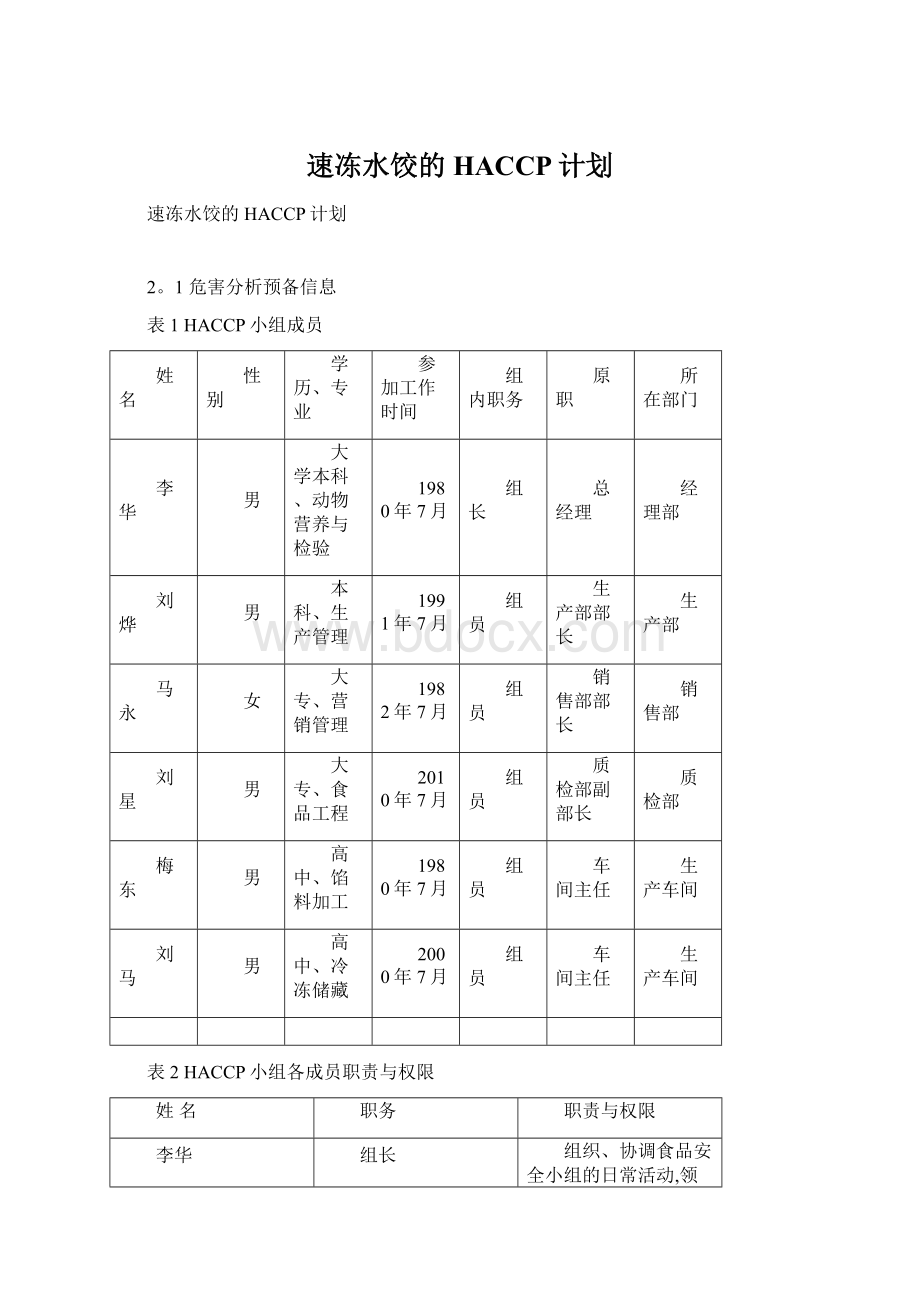 速冻水饺的HACCP计划Word下载.docx