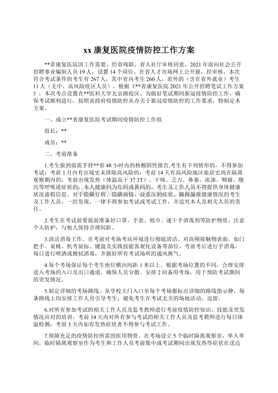 xx康复医院疫情防控工作方案.docx