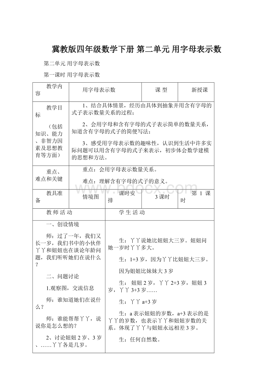 冀教版四年级数学下册第二单元用字母表示数.docx_第1页