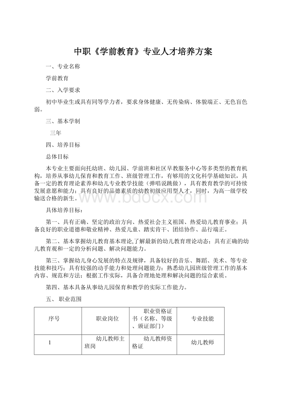 中职《学前教育》专业人才培养方案Word文档下载推荐.docx