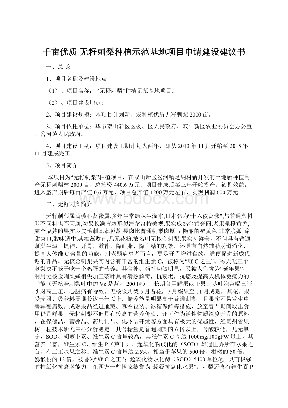 千亩优质 无籽刺梨种植示范基地项目申请建设建议书Word格式.docx