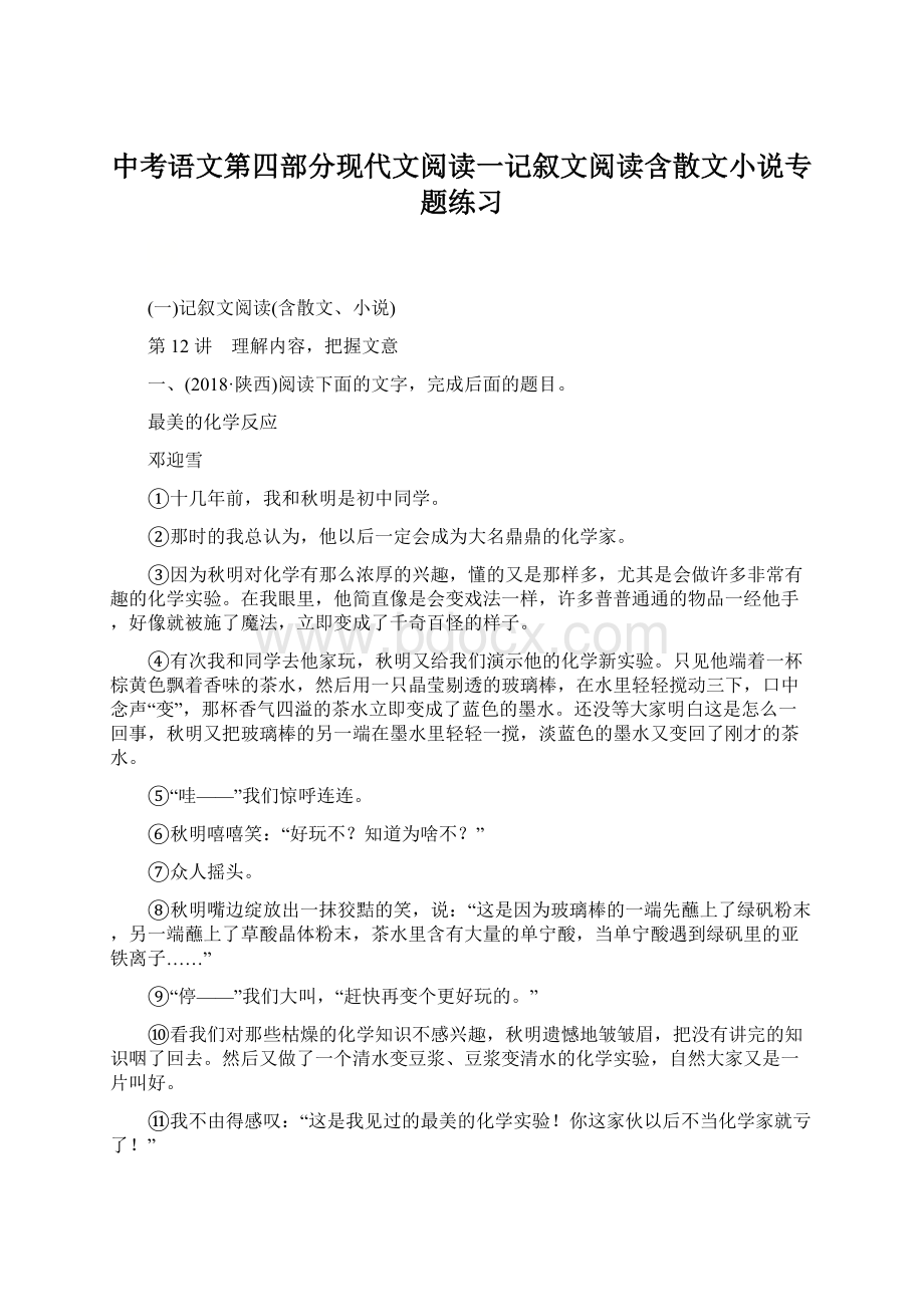 中考语文第四部分现代文阅读一记叙文阅读含散文小说专题练习Word文档格式.docx_第1页