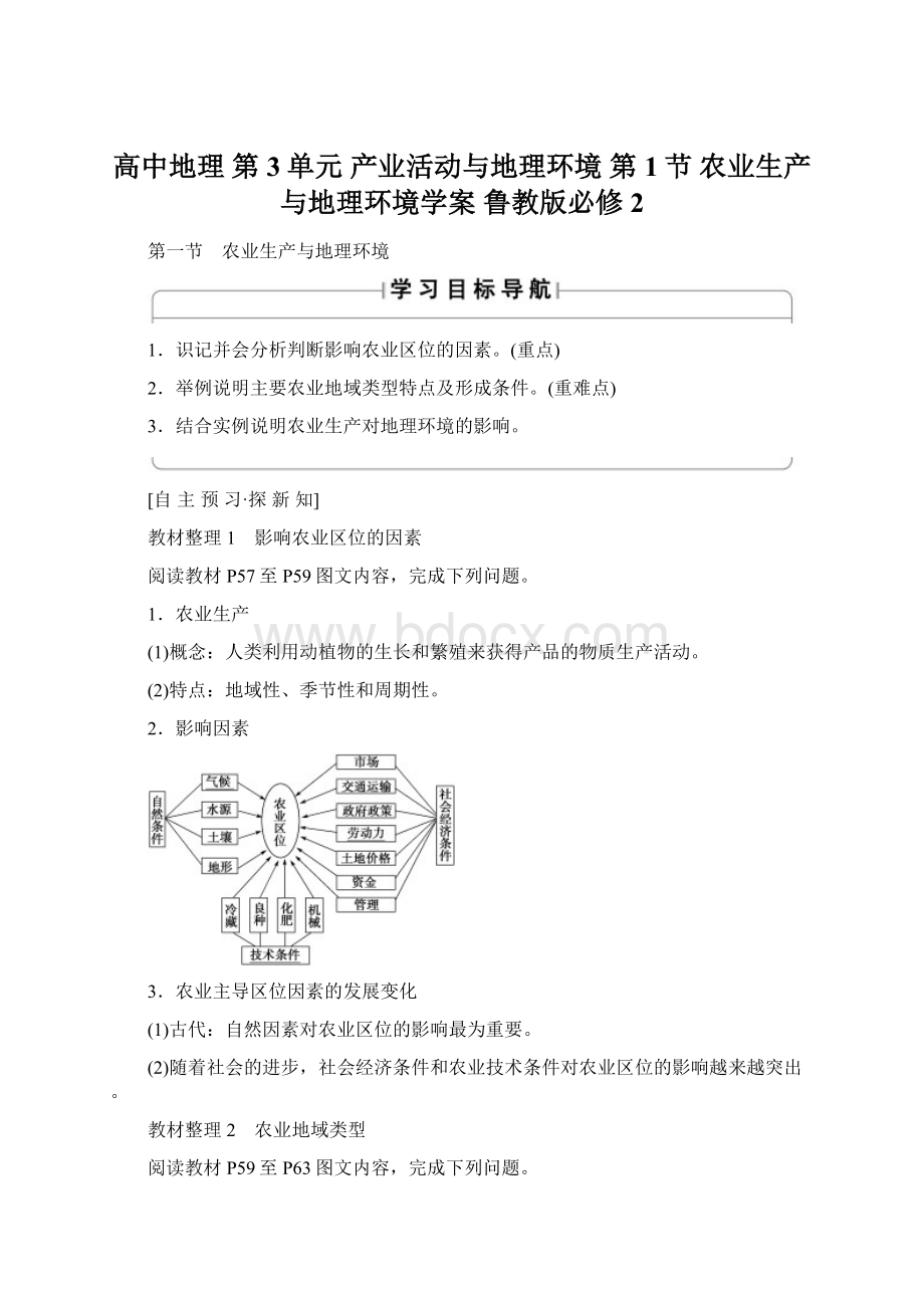 高中地理 第3单元 产业活动与地理环境 第1节 农业生产与地理环境学案 鲁教版必修2.docx_第1页