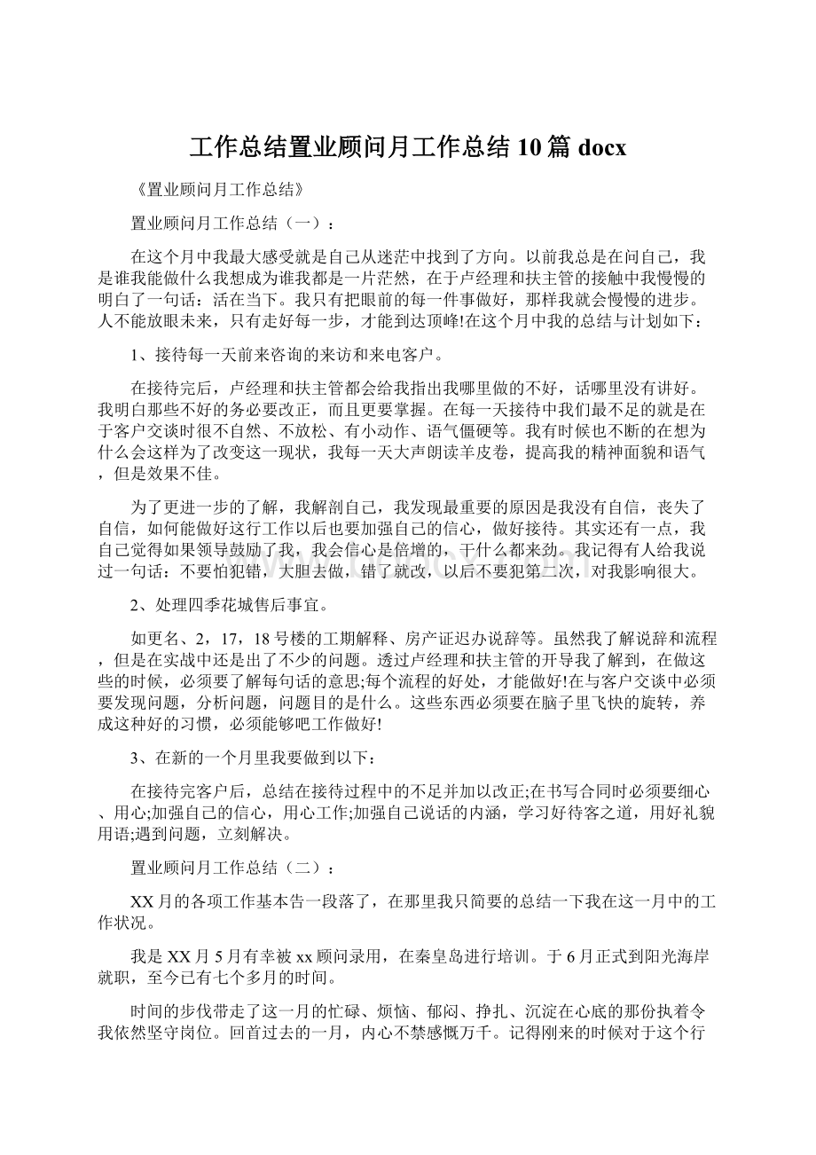 工作总结置业顾问月工作总结10篇docxWord格式文档下载.docx_第1页