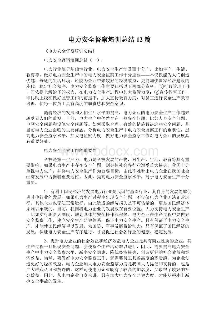 电力安全督察培训总结12篇.docx