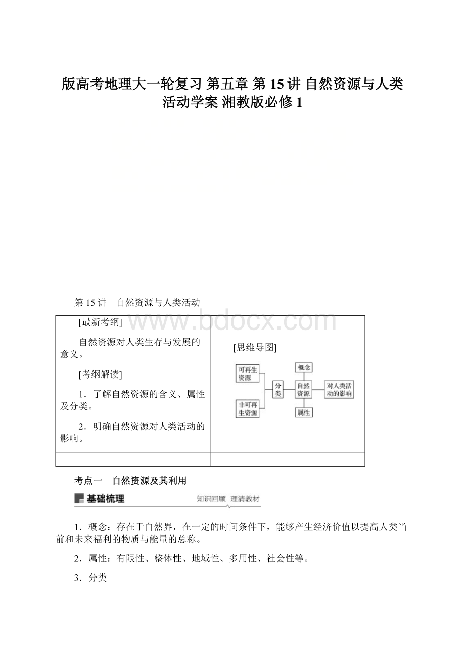 版高考地理大一轮复习 第五章 第15讲 自然资源与人类活动学案 湘教版必修1.docx_第1页