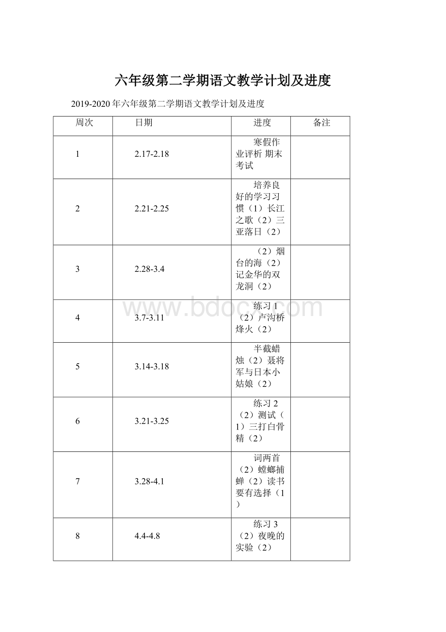 六年级第二学期语文教学计划及进度.docx_第1页