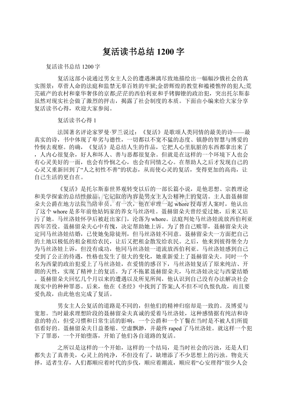 复活读书总结1200字Word下载.docx