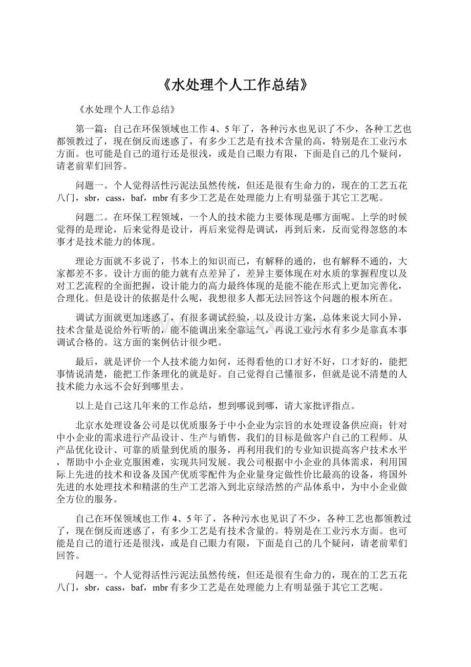 《水处理个人工作总结》Word文档格式.docx