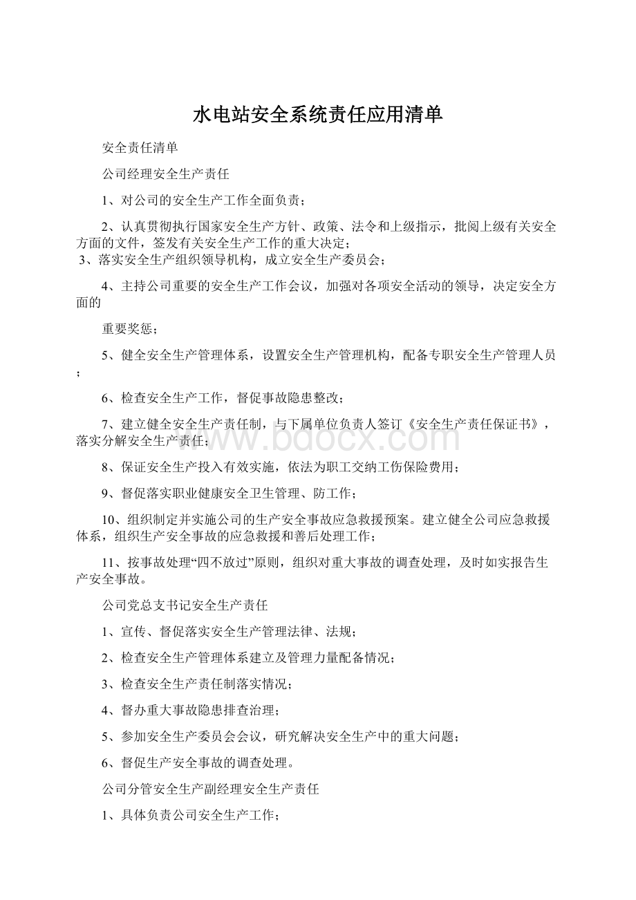 水电站安全系统责任应用清单Word格式.docx