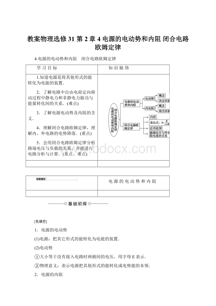 教案物理选修31 第2章 4电源的电动势和内阻 闭合电路欧姆定律.docx