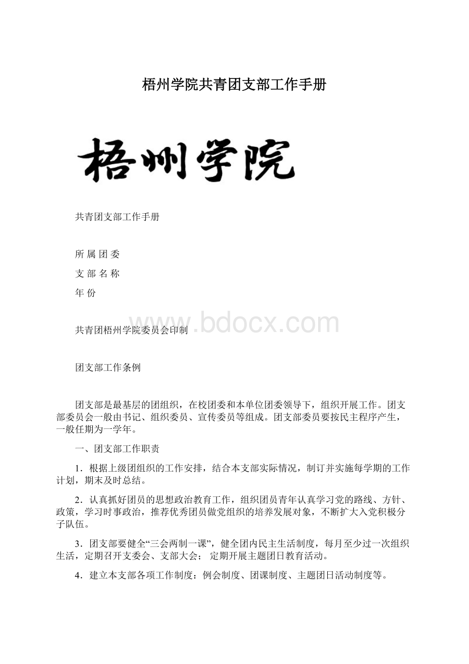 梧州学院共青团支部工作手册Word格式.docx