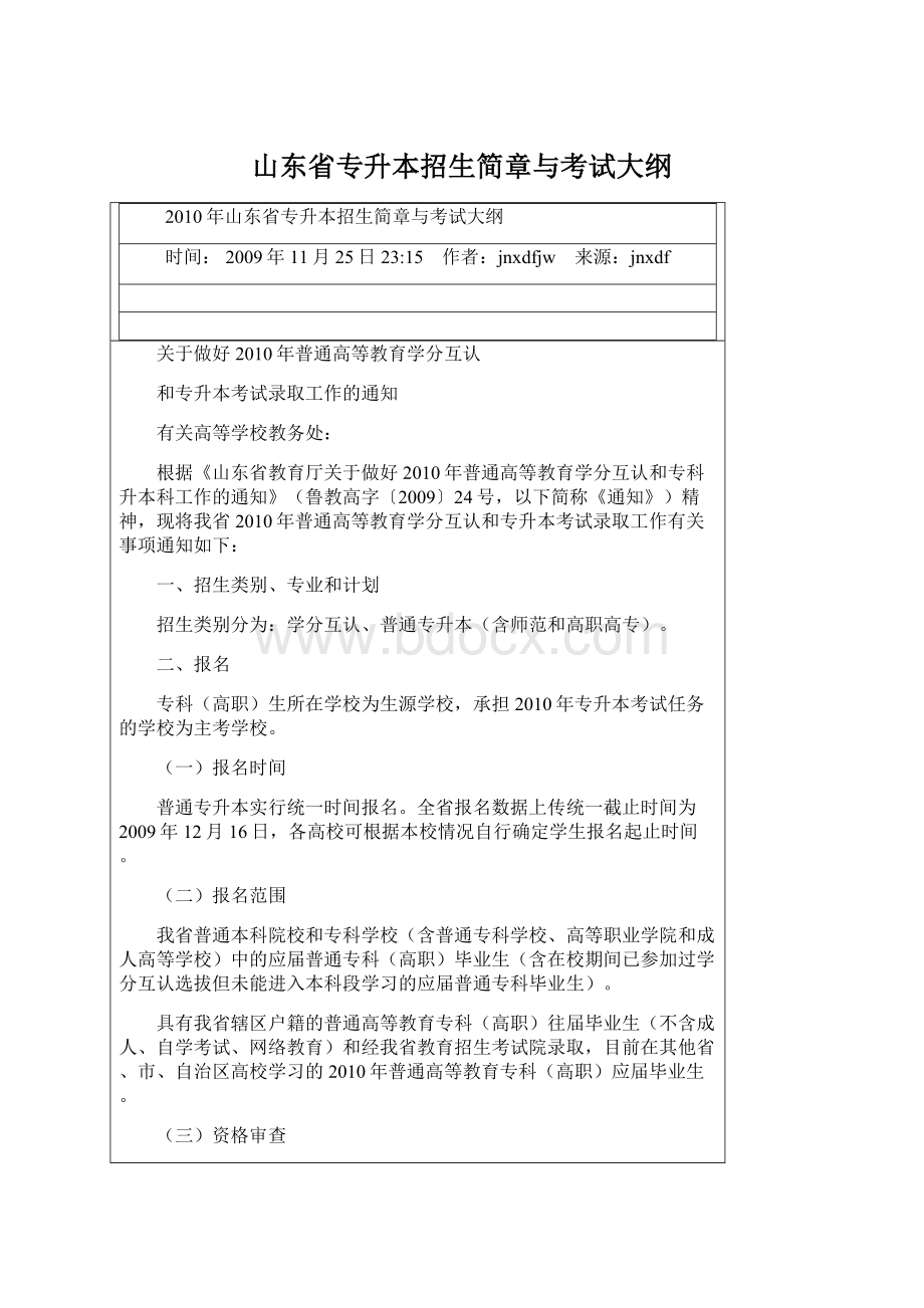 山东省专升本招生简章与考试大纲Word文件下载.docx_第1页