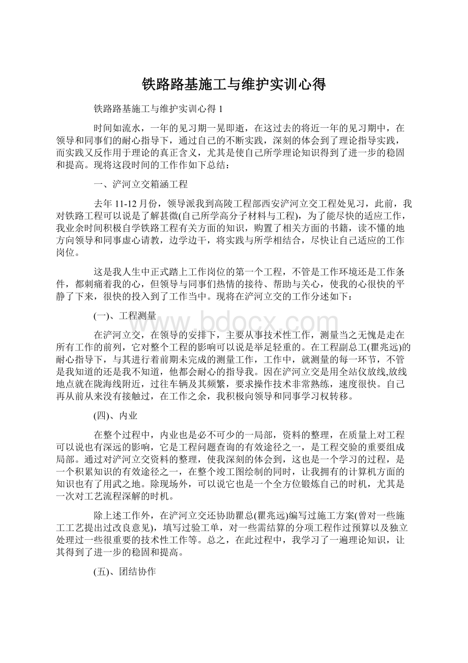 铁路路基施工与维护实训心得Word文件下载.docx