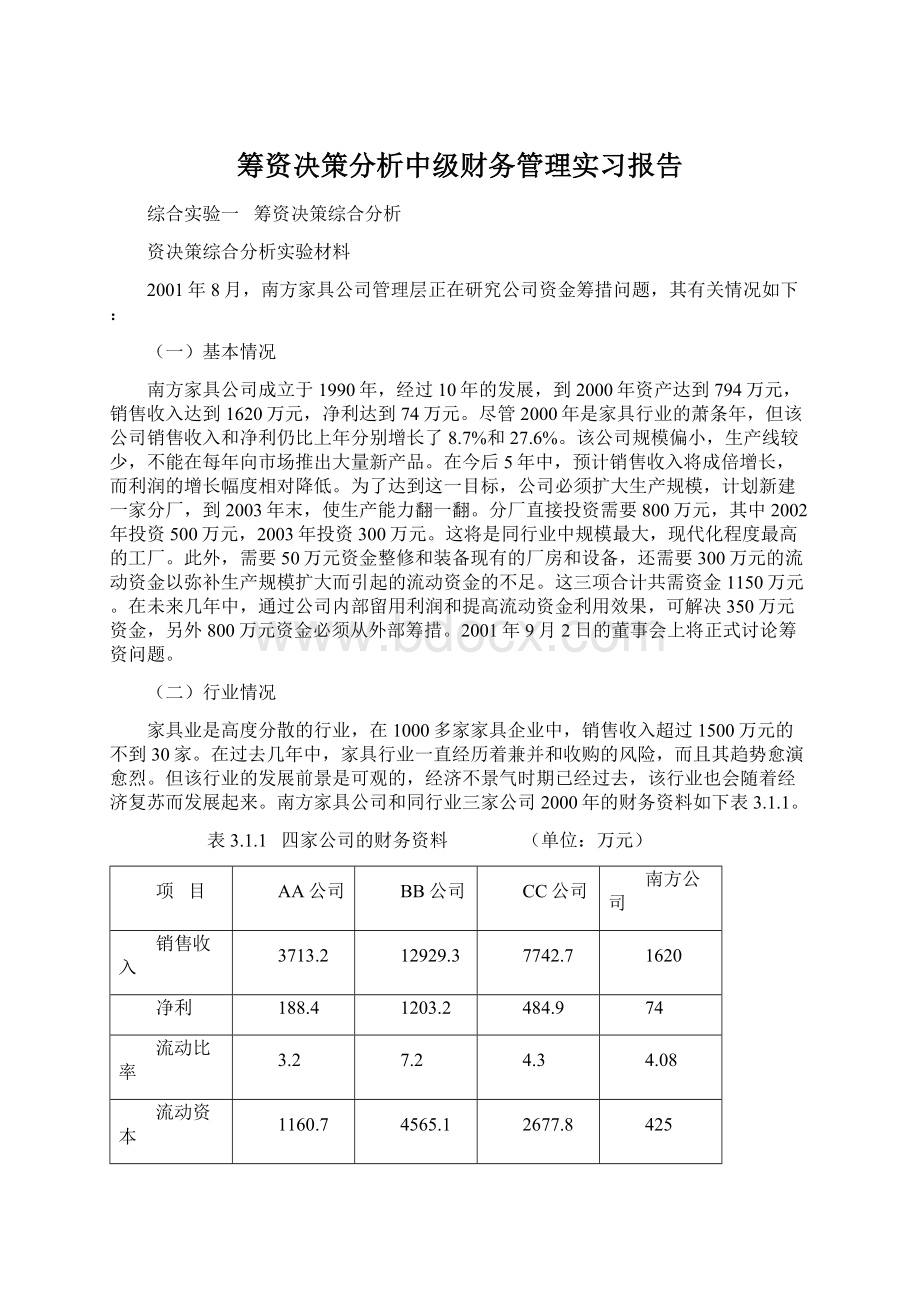 筹资决策分析中级财务管理实习报告Word格式文档下载.docx