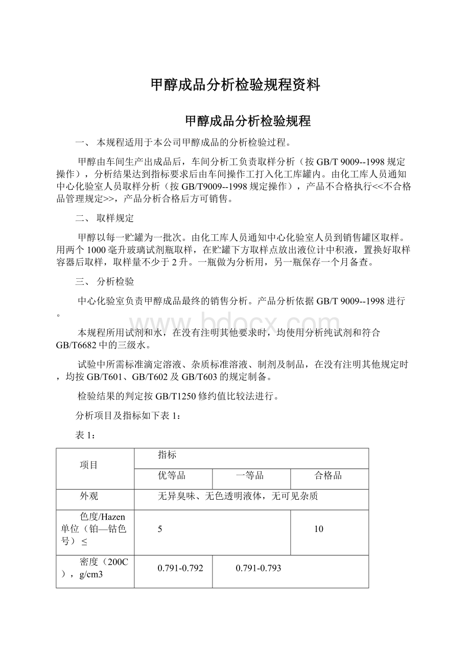 甲醇成品分析检验规程资料Word文档下载推荐.docx_第1页