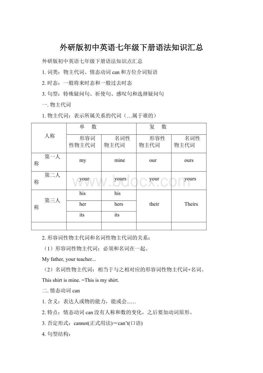 外研版初中英语七年级下册语法知识汇总Word下载.docx