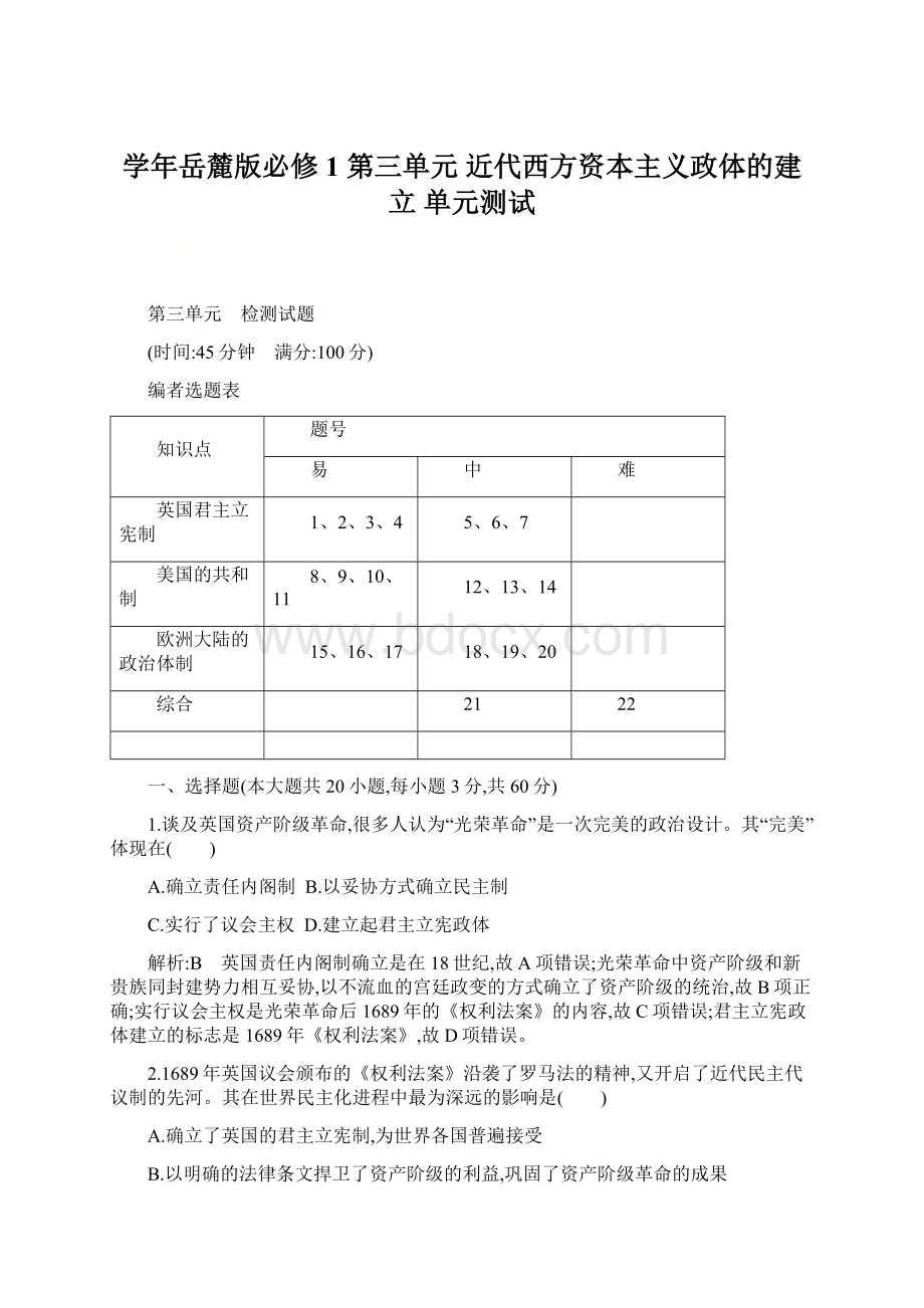 学年岳麓版必修1 第三单元 近代西方资本主义政体的建立 单元测试.docx_第1页