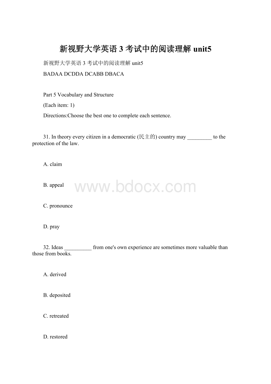 新视野大学英语3 考试中的阅读理解unit5Word文档下载推荐.docx