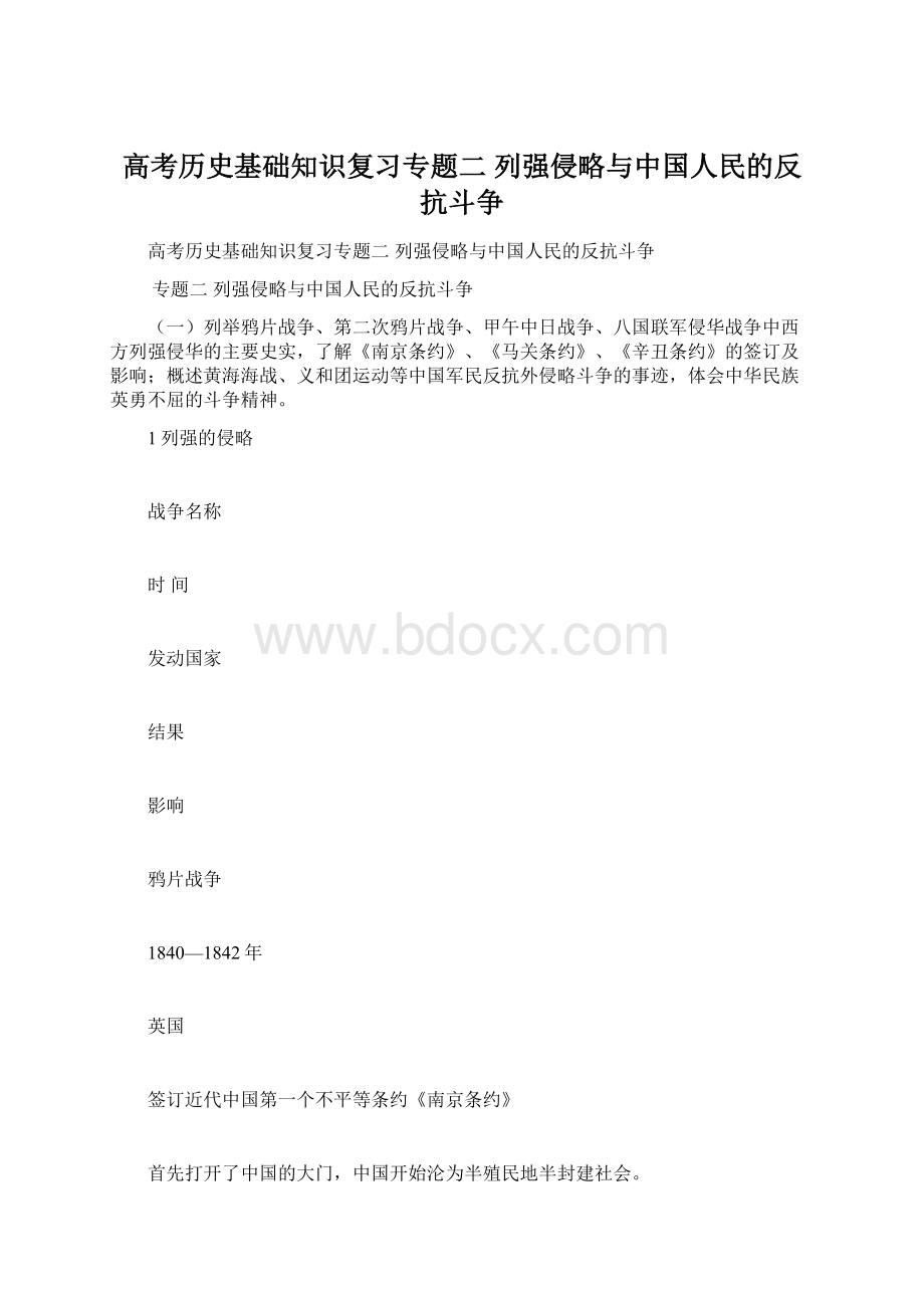 高考历史基础知识复习专题二 列强侵略与中国人民的反抗斗争.docx