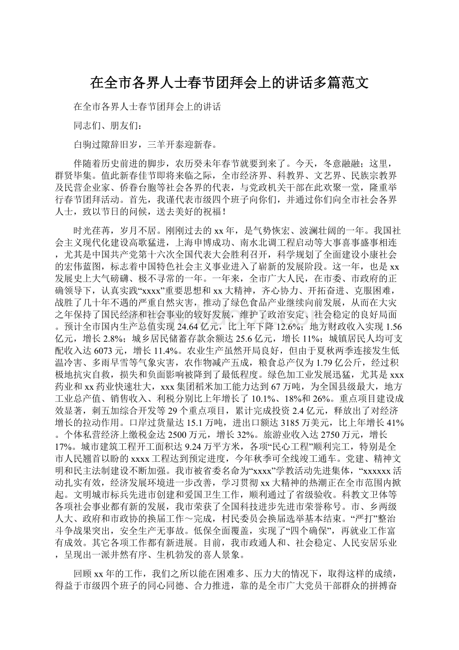 在全市各界人士春节团拜会上的讲话多篇范文Word格式.docx