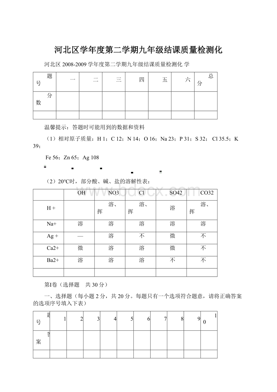 河北区学年度第二学期九年级结课质量检测化.docx