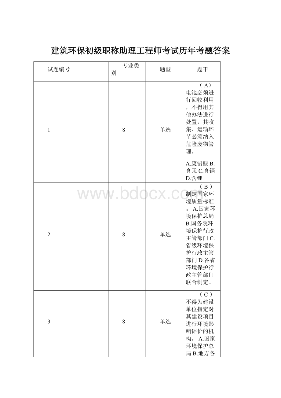 建筑环保初级职称助理工程师考试历年考题答案.docx