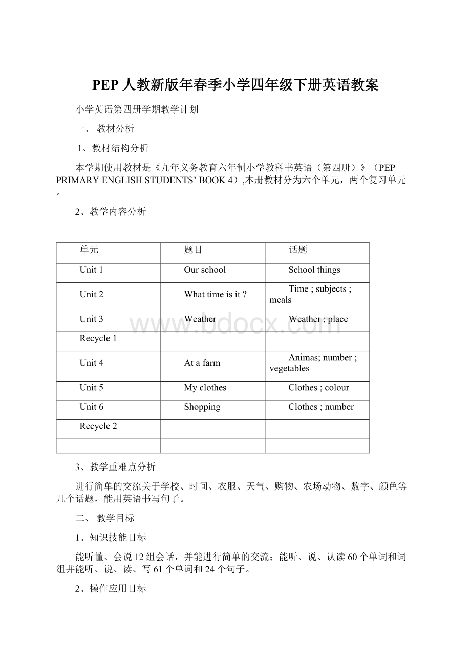 PEP人教新版年春季小学四年级下册英语教案.docx_第1页