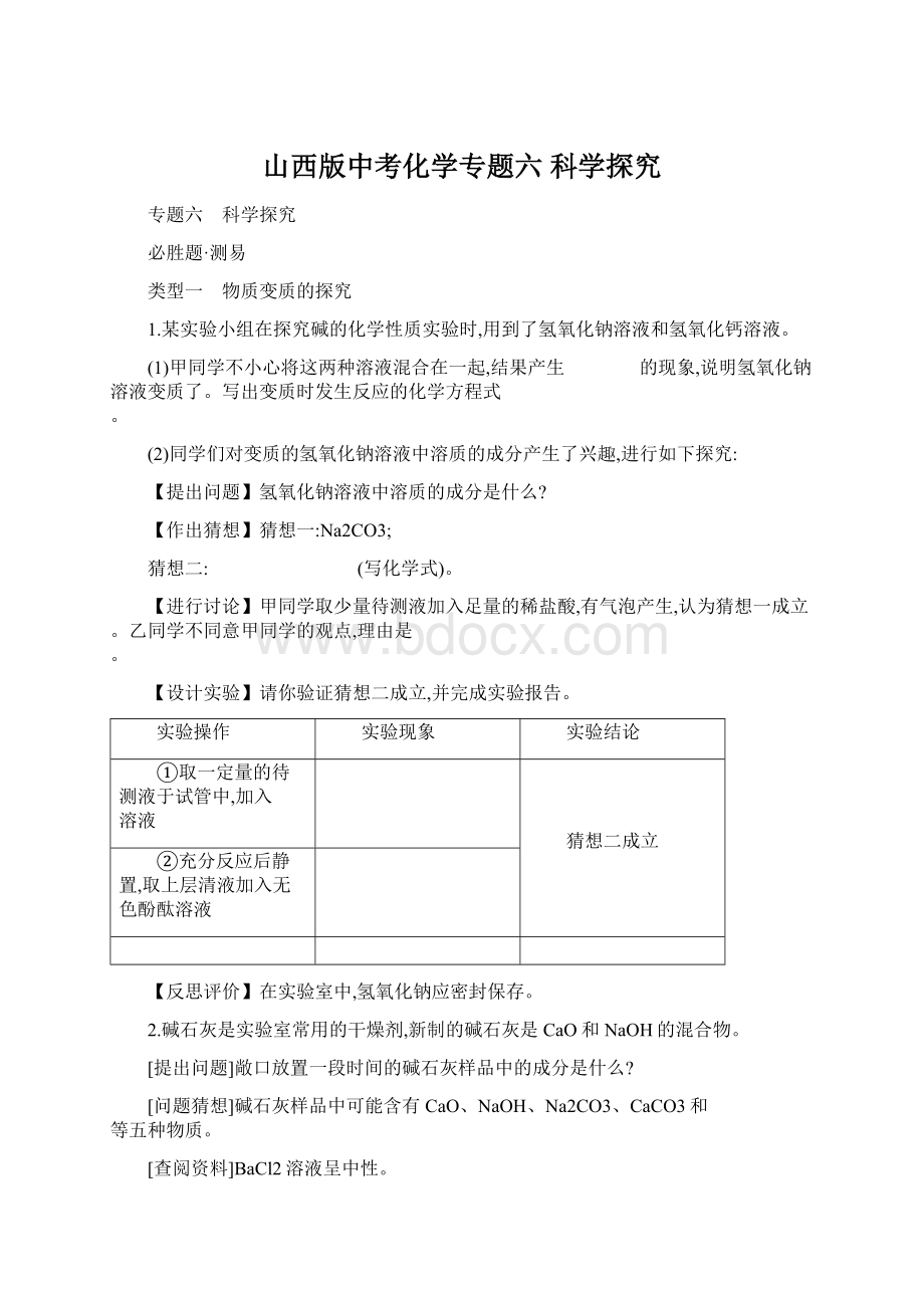 山西版中考化学专题六 科学探究.docx