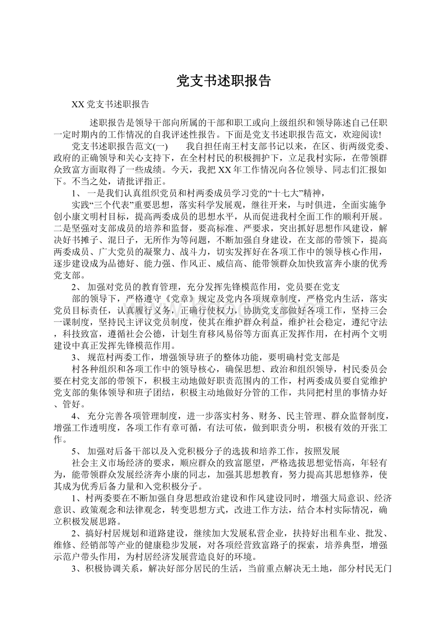 党支书述职报告Word格式文档下载.docx_第1页