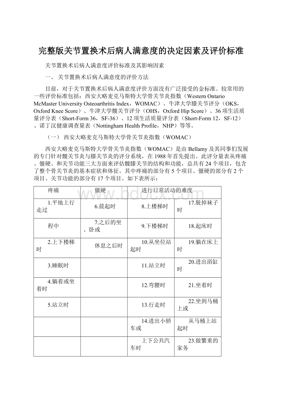 完整版关节置换术后病人满意度的决定因素及评价标准Word文档下载推荐.docx_第1页