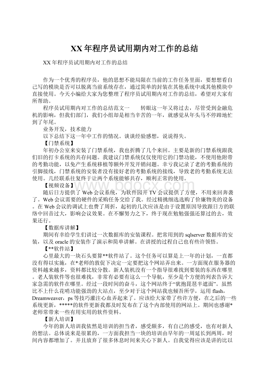 XX年程序员试用期内对工作的总结Word文件下载.docx