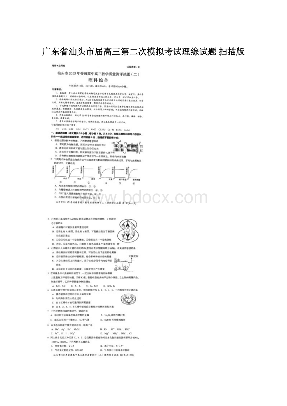 广东省汕头市届高三第二次模拟考试理综试题 扫描版.docx