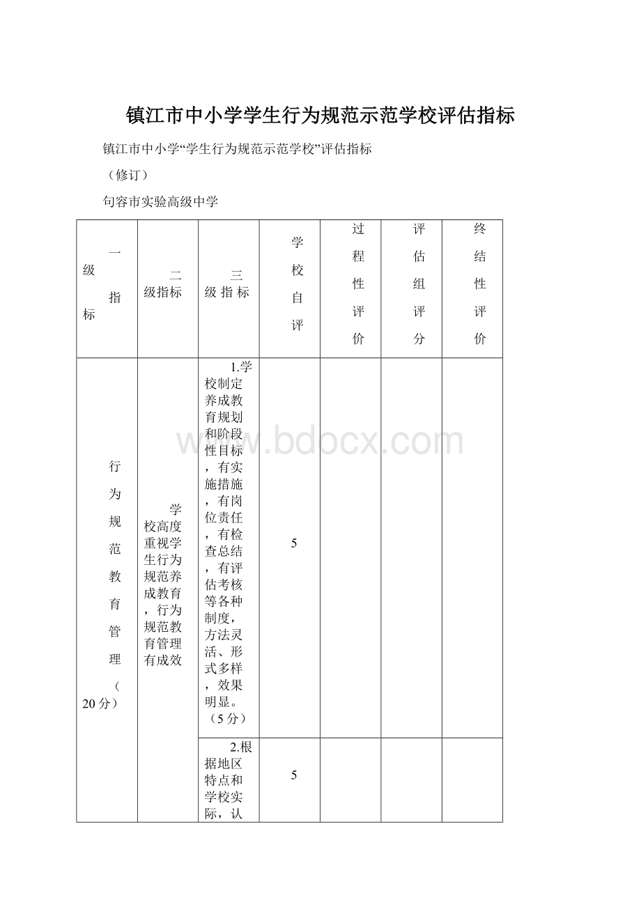 镇江市中小学学生行为规范示范学校评估指标Word文件下载.docx_第1页