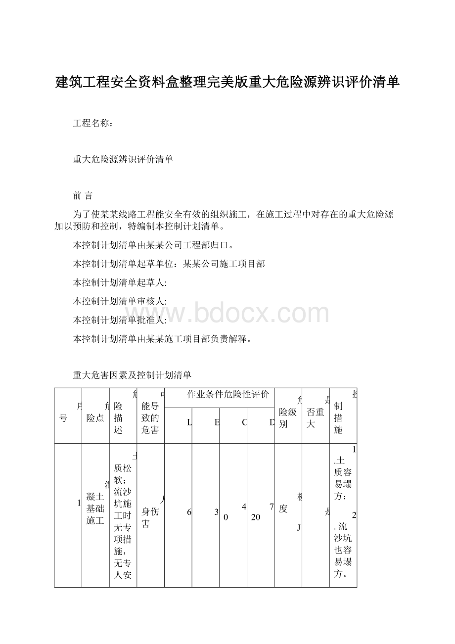 建筑工程安全资料盒整理完美版重大危险源辨识评价清单文档格式.docx_第1页