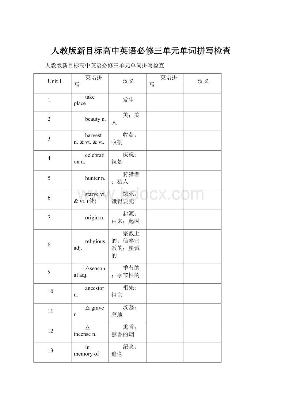 人教版新目标高中英语必修三单元单词拼写检查Word下载.docx