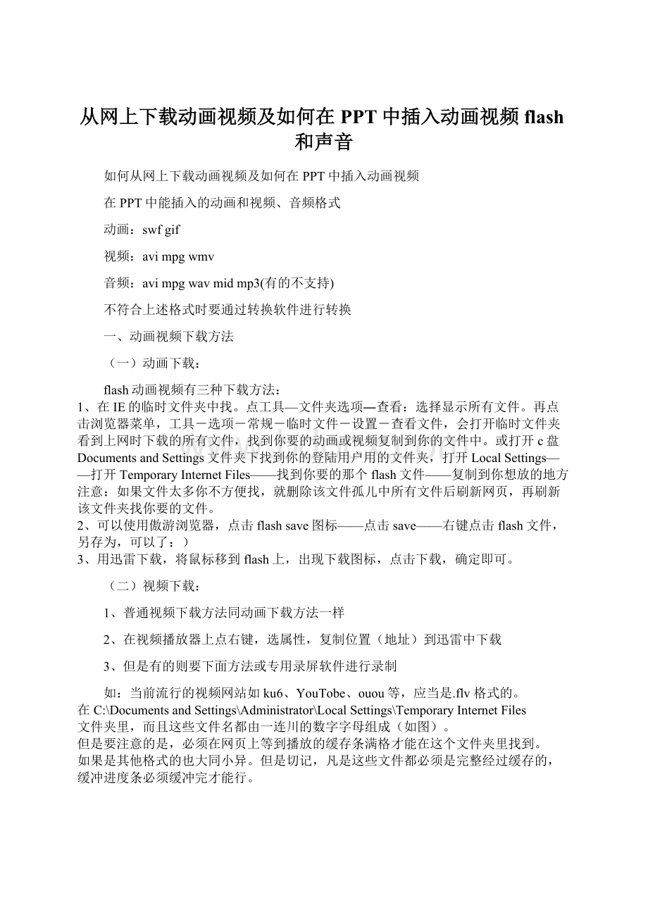 从网上下载动画视频及如何在PPT中插入动画视频flash和声音.docx