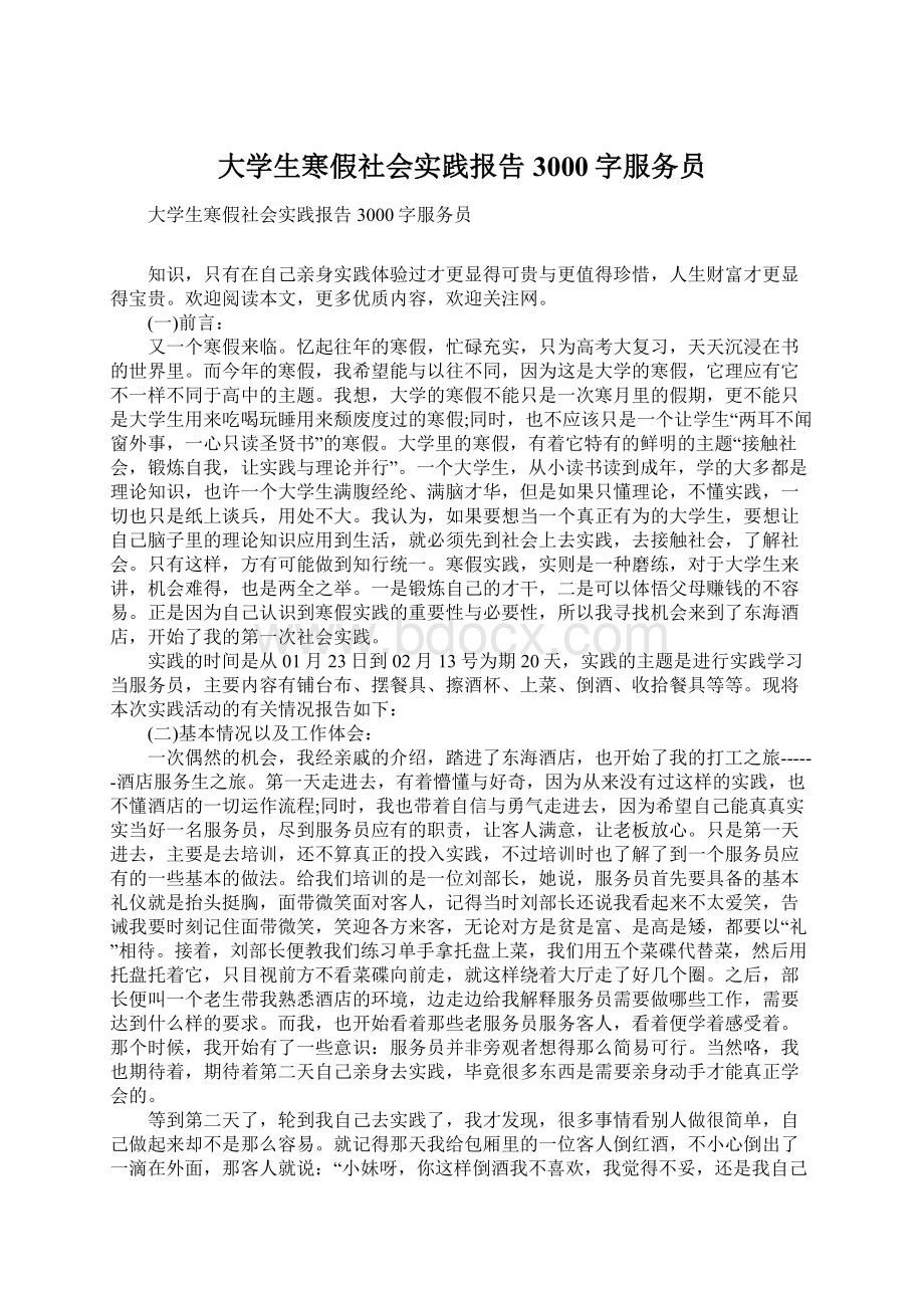 大学生寒假社会实践报告3000字服务员.docx